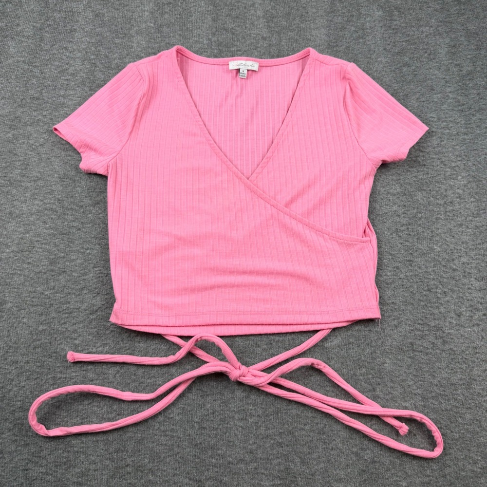 Blushe Ribbed Surplice Wrap Crop Top Women's Size S Pink Short Sleeve BT02598